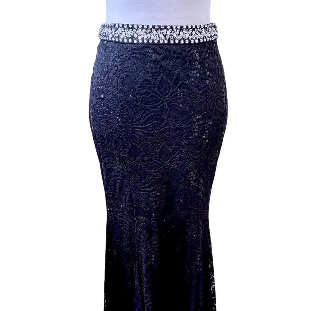 Vtg 90s Bling Goth Dark Fairy Black Sexy Sequin Mermaid Maxi Skirt Stretch 6 - Picture 2 of 9